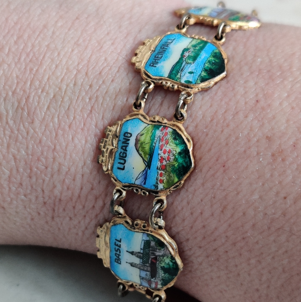 Vintage 50s Swiss Cities Enamel Traveling Memorabilia Bracelet